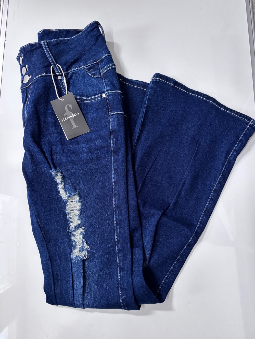 FlamingoLS Dark Blue Distressed Flare Jeans